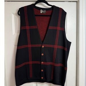 Vtg preppy Aberjona 2X Tall Mens Black Red Plaid Virgin Wool Vest Made in USA